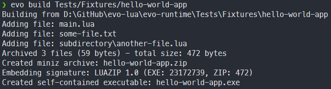 Console output displayed when successfully building a standalone app via &#39;evo build&#39; command